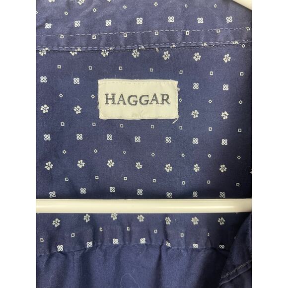Haggar Navy Blue with White Floral Stamp Button Down Casual Shirt - Picture 5 of 6